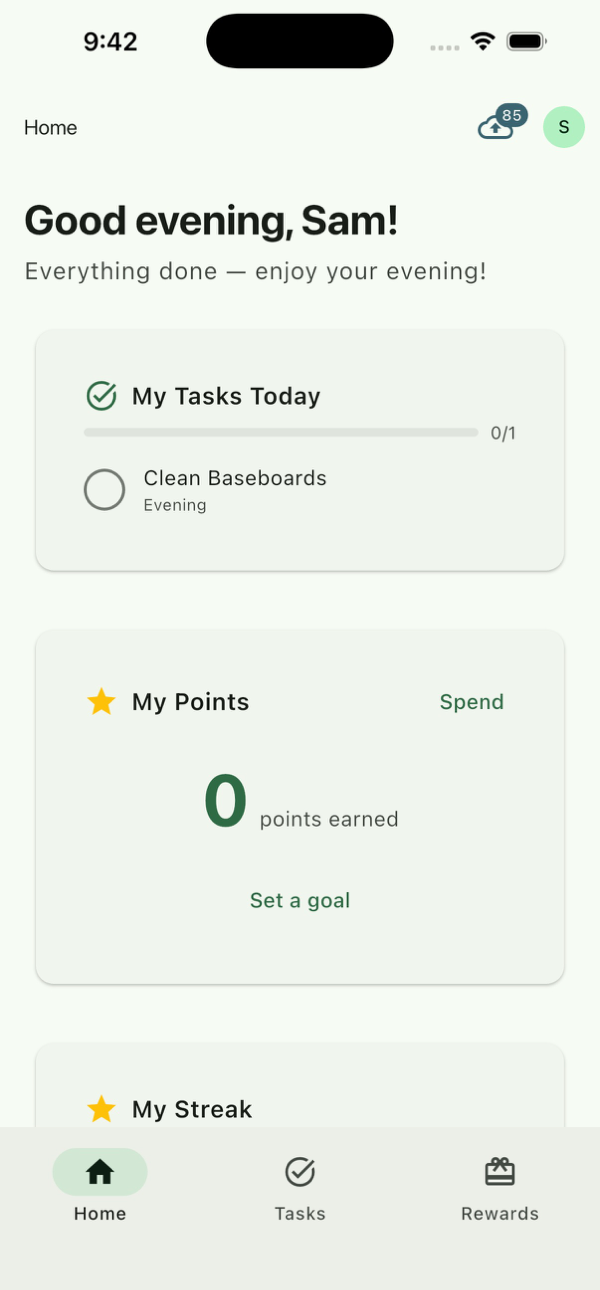 TurtleTracks child dashboard showing today's task, points, streak, and rewards navigation