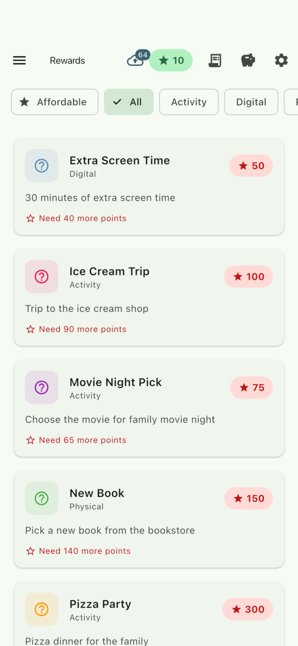 TurtleTracks reward choices include an ice cream trip, picking the movie, and a new book.