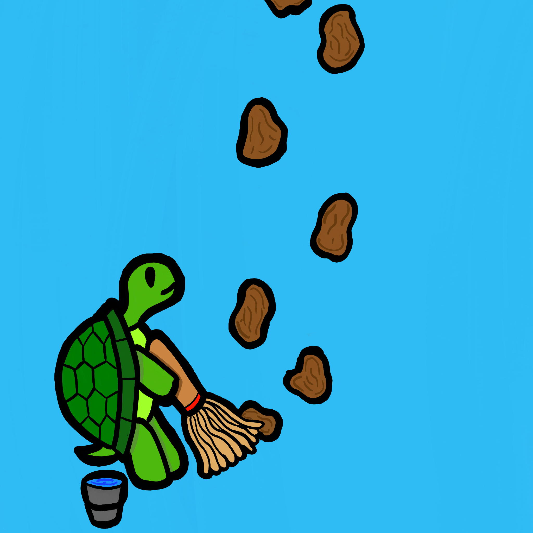 Tracker, the TurtleTracks turtle, sweeping up muddy footprints.